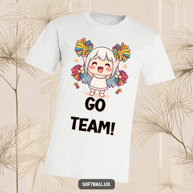 Funny kawaii character t-shirt featuring a cute character enthusiastically cheering with pom-poms, perfect for showing spirit.