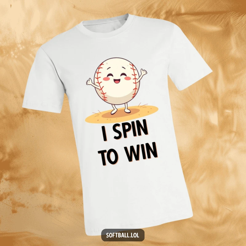Funny softball t-shirt features a grinning softball character doing a silly, joyful dance on a field, capturing athletic humor.