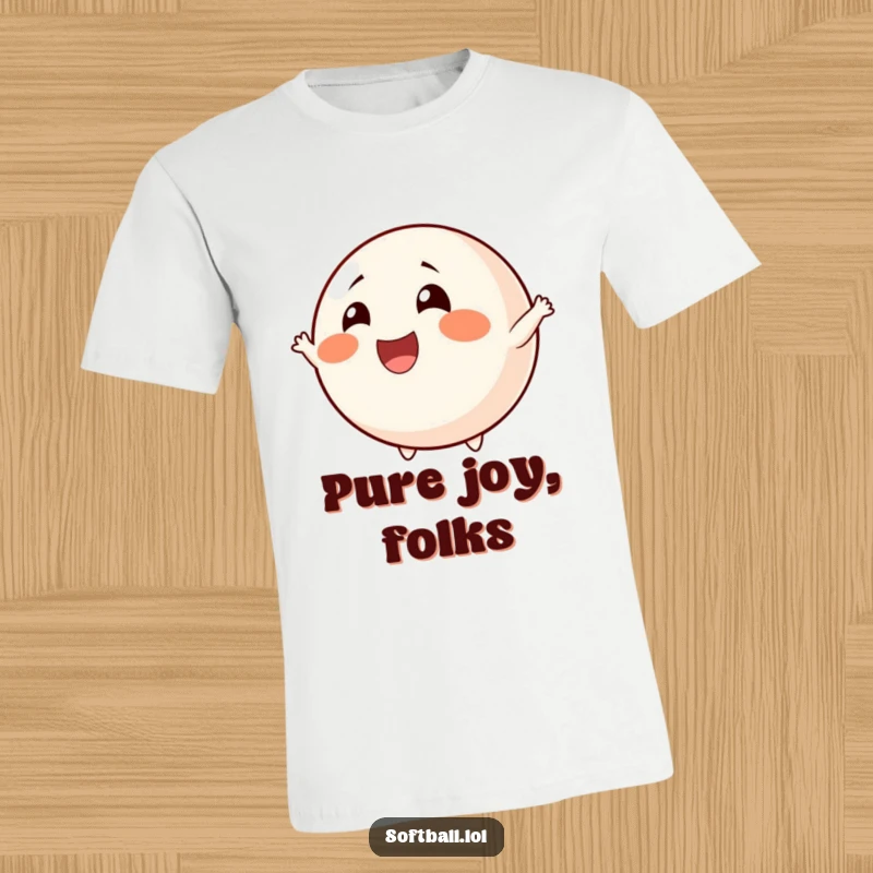 Funny cheerful softball t-shirt with rosy cheeks, depicted in an excited cheering pose, ideal for a funny gift.