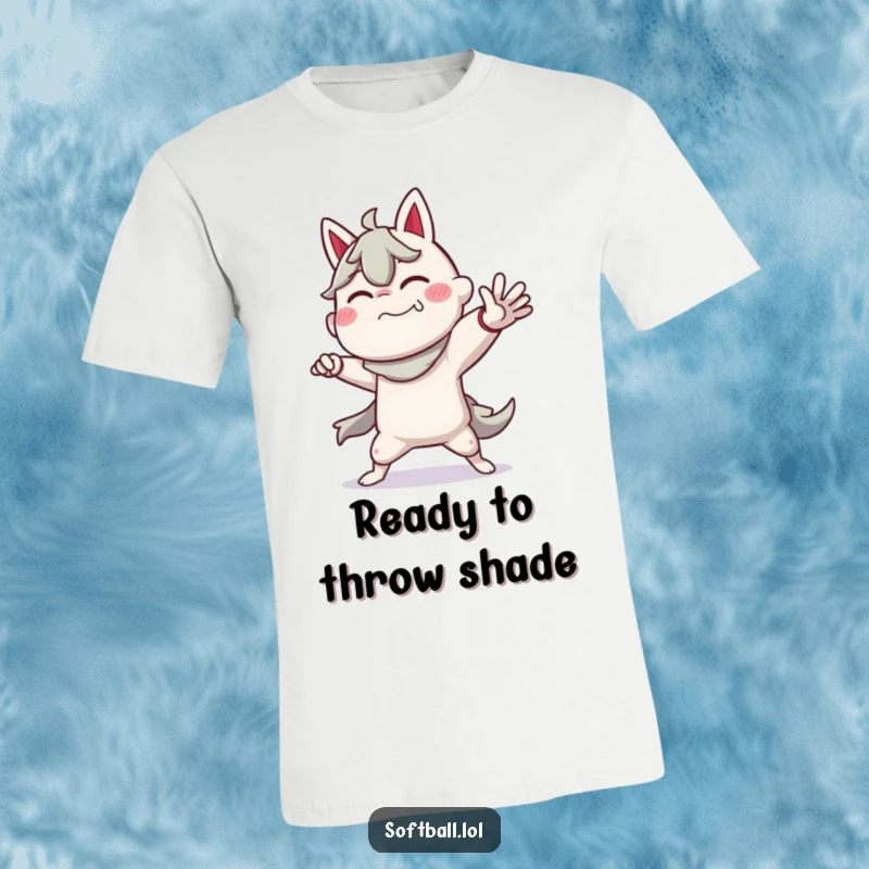 Funny t-shirt depicting a character in a theatrical, over-the-top pitching pose, ready for action on the baseball field.