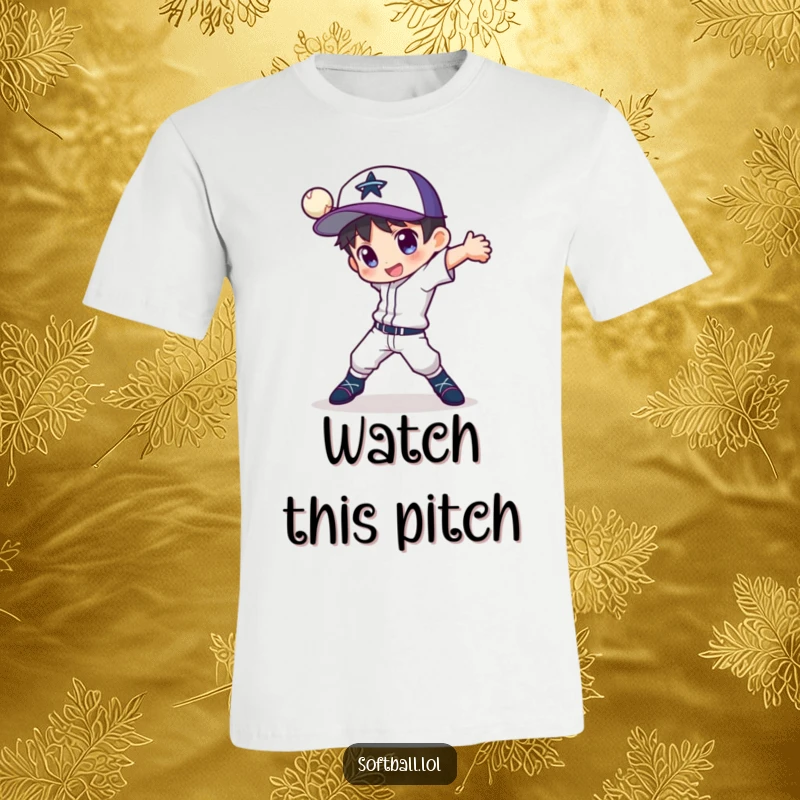 Funny t-shirt of a character in a dynamic pose, demonstrating a fancy pitching motion, ideal for baseball players.