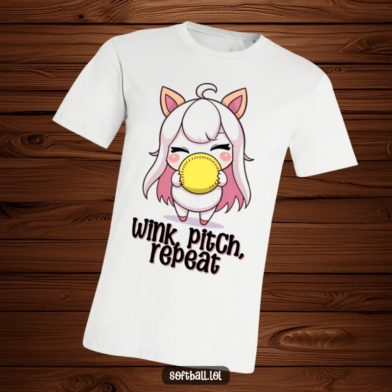 Funny t-shirt featuring a character winking mischievously while holding a softball, perfect for softball lovers.