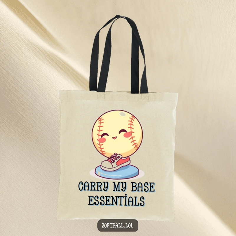 Funny softball wearing tiny sneakers sliding into a base with a flourish, stylish and humorous tote