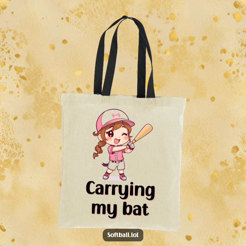 Funny tote bag featuring a happy character in a softball uniform swinging a bat, perfect for carrying gear.
