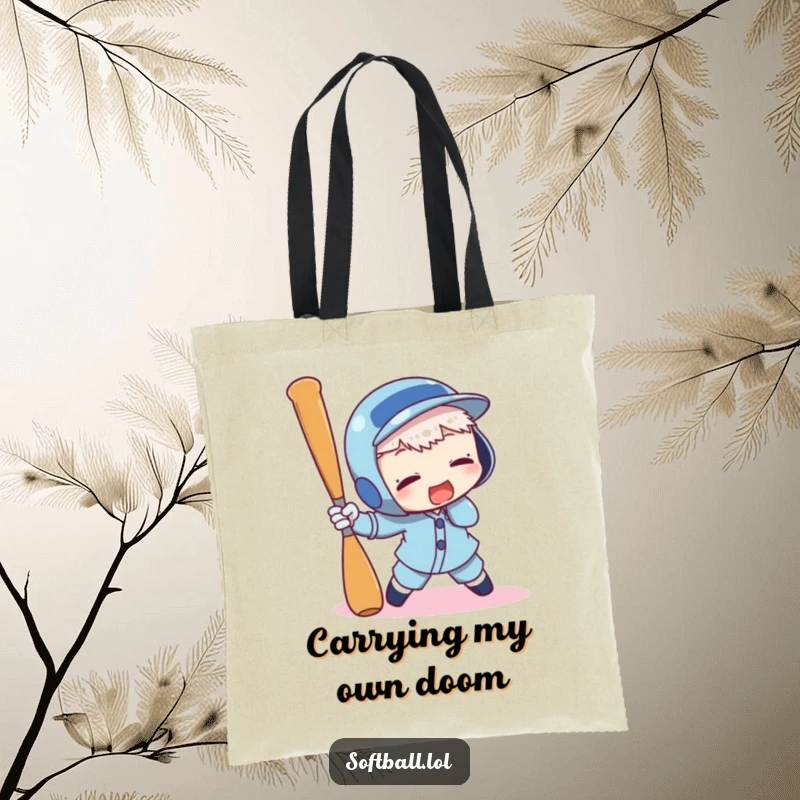 Funny tote bag with a character comically tripping over a baseball bat, showing a funny, relatable mishap for daily life.