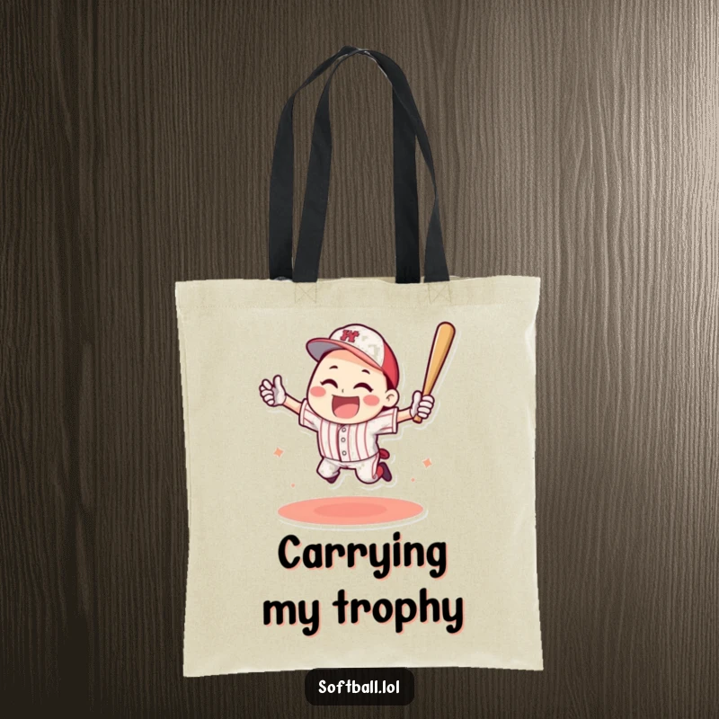 Funny tote bag featuring a happy character celebrating a baseball home run with a triumphant jump, ideal for sports gear.