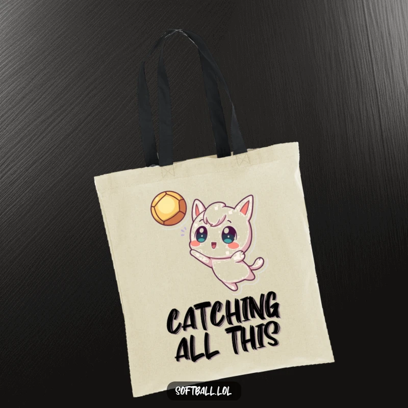 Funny Fly Ball Tote Bag, featuring a kawaii character with excited eyes catching a fly ball, perfect for sports fans and daily use.