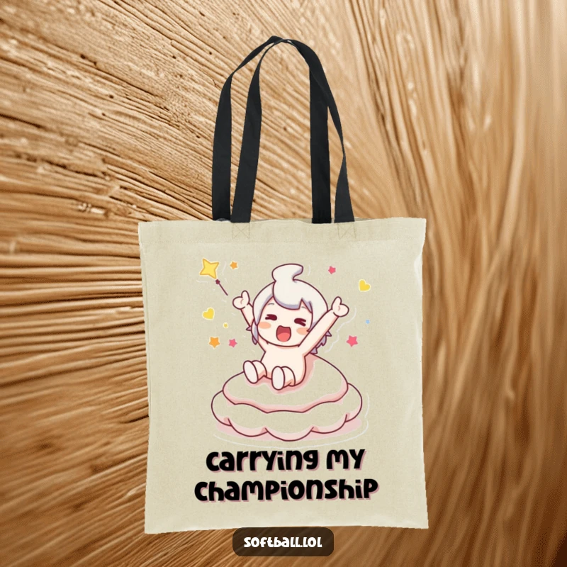 Funny tote bag illustrating a character sliding into a bouncy base, designed for carrying essentials with a humorous touch.