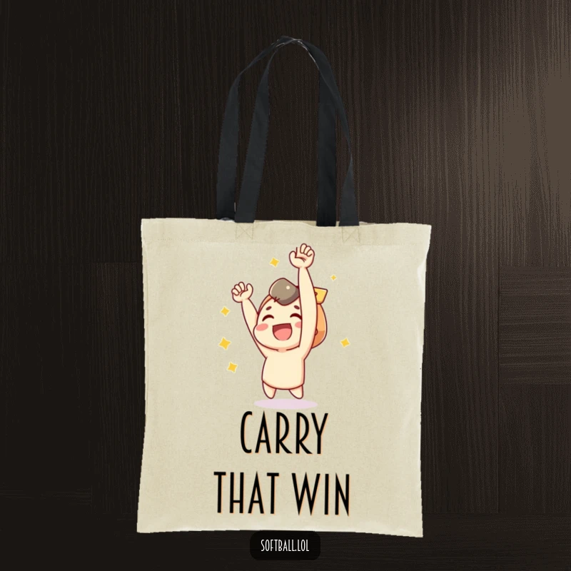 Funny tote bag depicting a joyful character cheering after a successful baseball hit.