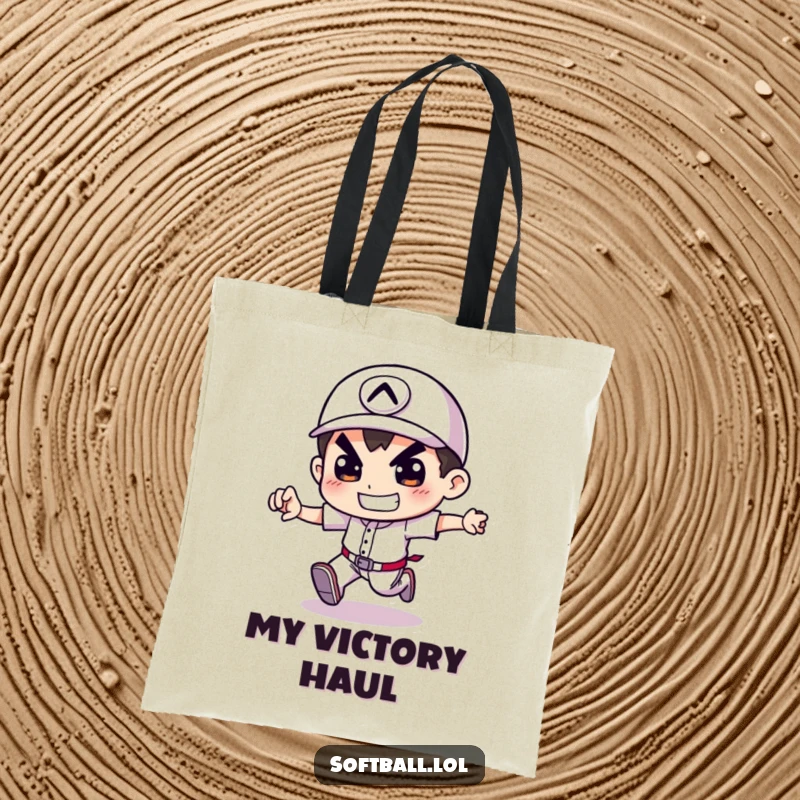 Funny tote bag featuring a determined character running baseball bases, perfect for carrying essentials with style and humor.