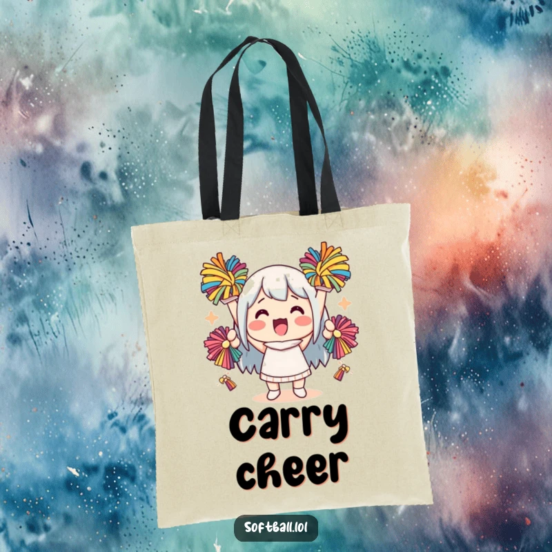 Funny kawaii character tote bag with a cute character cheering with pom-poms, ideal for carrying essentials with spirit.