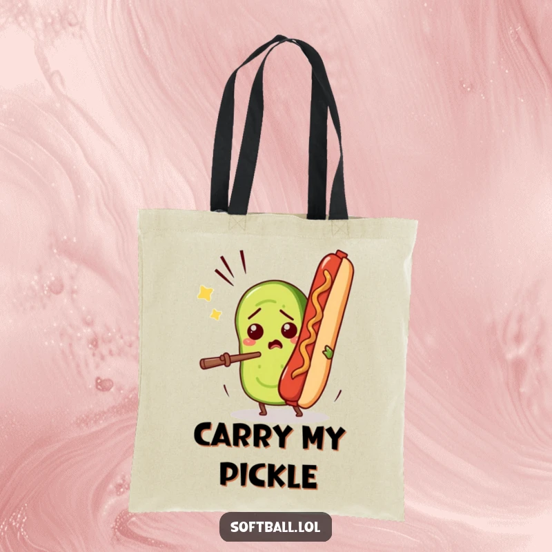 Funny tote bag illustrating a confused pickle slice comically batting a flying hot dog, a humorous and practical accessory.