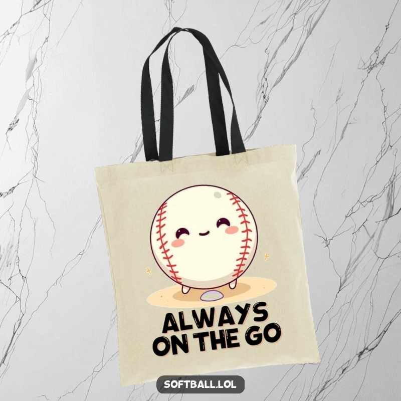 Funny softball tote bag showing a happy softball character rolling with glee around the bases, a functional and fun accessory.