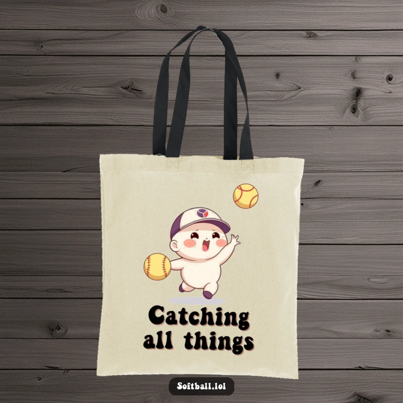 Funny softball tote bag featuring an agile character expertly catching a ball, designed for practicality and a humorous athletic theme.