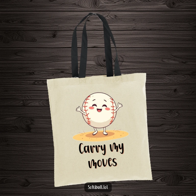 Funny softball tote bag shows a grinning softball performing a silly dance on a field, adding a humorous touch to everyday carry.