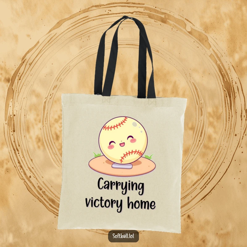 Funny tote bag showcasing a softball confidently sliding into home plate. A humorous and practical sports accessory.