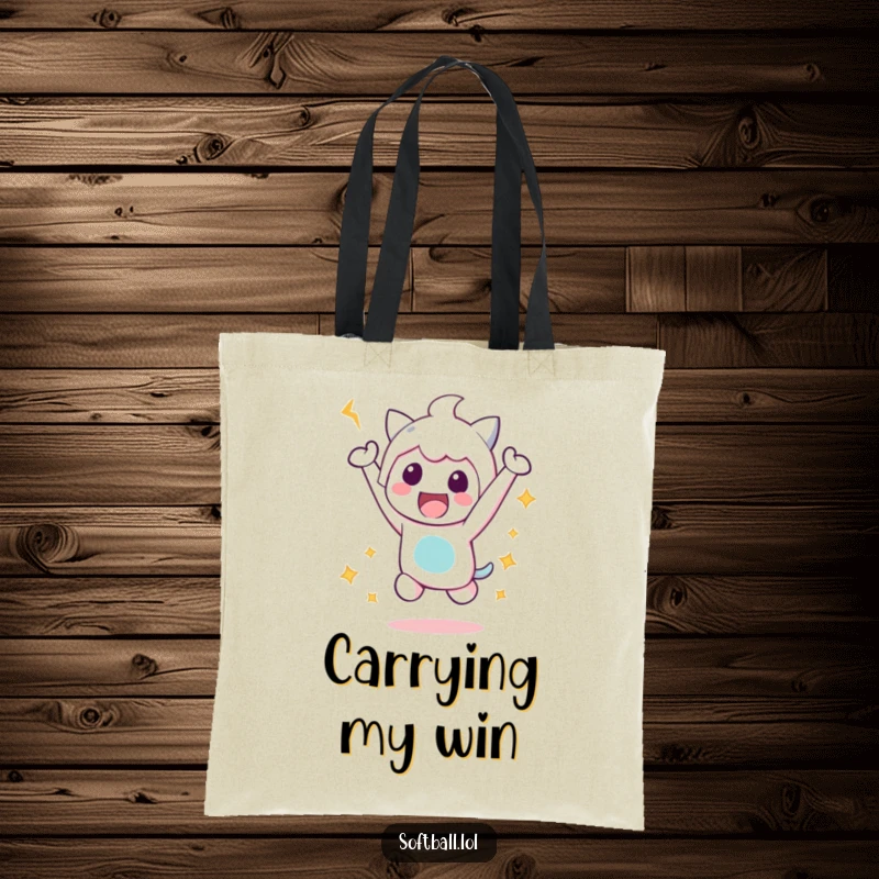 Funny Victory Jump Tote Bag, featuring a kawaii character in a happy jump after a hit, perfect for celebrating and everyday use.