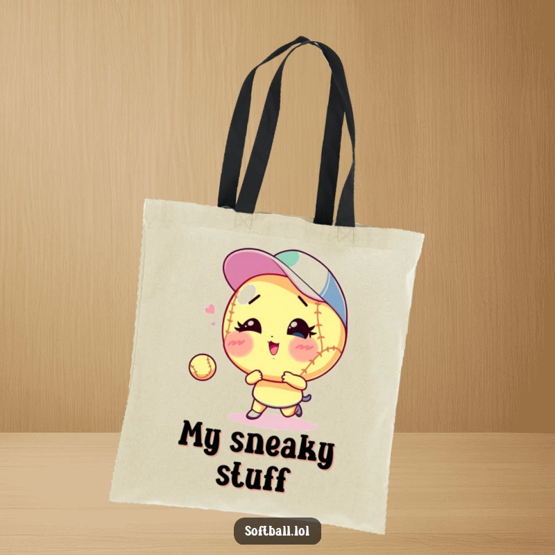Funny winking softball tote bag, engaged in playing catch with a mischievous wink, great for a funny gift.