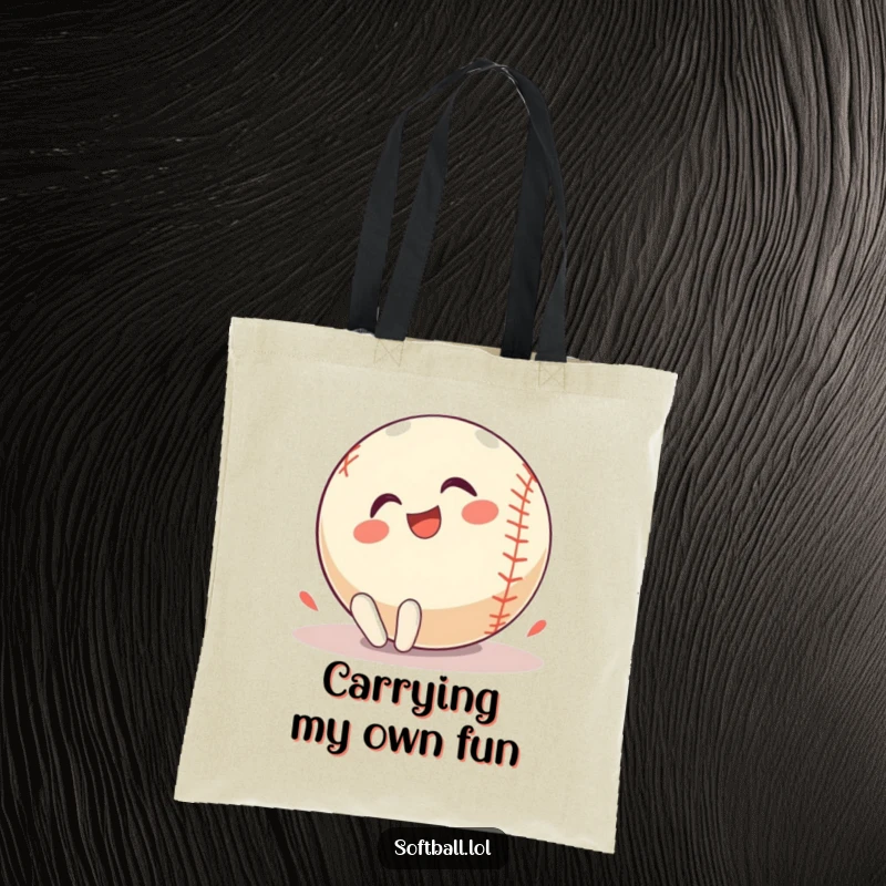 Funny Tote Bag: A softball character rolls playfully on the ground, expressing extreme happiness and a love for fun.